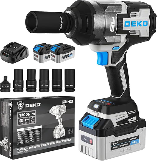 DEKOPRO Cordless Impact Wrench 20V 3/4" High Torque Power Electric Impact Gun with 5 Sockets 2 Batteries, 1300Ft-lbs(1800N.m) for Vehicle Assembly, Equipment Maintenance, Building Construction