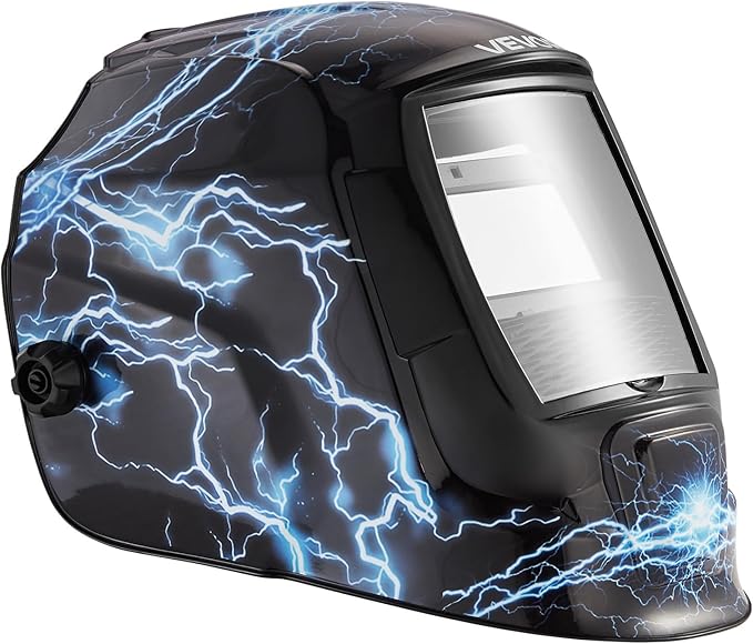 VEVOR Welding Helmet Auto Darkening, 3.66" x 1.69" True Color Welding Hood, Solar Powered Welder Mask 2 Arc Sensors, Shade 4/9-13 for TIG MIG ARC Weld Grinding - CRIUS Series (Blue Lightning Pattern)