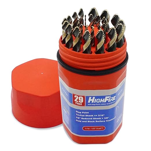 HIGHFIRE 29 Piece HSS Stepped Point Drill Bit Set 1/16"-1/2", Gold and Black 3-Flat Shank for Metal, Steel & Acrylic - No Pilot Hole Needed - Industrial, MRO & DIY Use