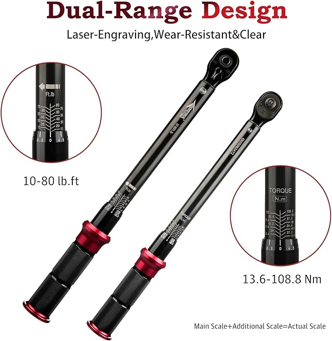AEROFORCE 3/8-Inch Drive Torque Wrench竊?0-80 lb.ft / 13.6-108.8 Nm),72 Tooth Dual Direction Reversible Ratchet, Dual Range Scales, Precision Calibrated for Bike, Motorcycle and Car Repair