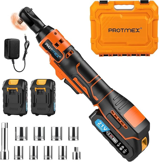Protmex 3/8'' Cordless Ratchet Wrench, 60FT-LBS (80N.m) Electric Ratchet with 21V 2 X 2.0Ah Battery, 400 RPM Chargeable Power Ratchet Driver Set with 8 Sockets,1/4 Adaptor, 3" Extension Bar