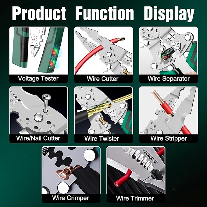 Multi-Function Foldable Wire Stripper, Multifunctional Professional Electrician's Pliers with Voltage Tester, 14-in-1 Wire Stripper & Tester for Stripping, Peeling, Cutting, Shearing