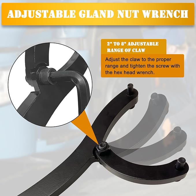 ADLMPW Heavy Spanner Wrench, Adjustable Gland Nut Wrench, Equipped with 1/4", 5/16", and 3/8" Pins, Gloves and Towels, Forged from Hardness Manganese Steel, for Removing Hydraulic Cylinders