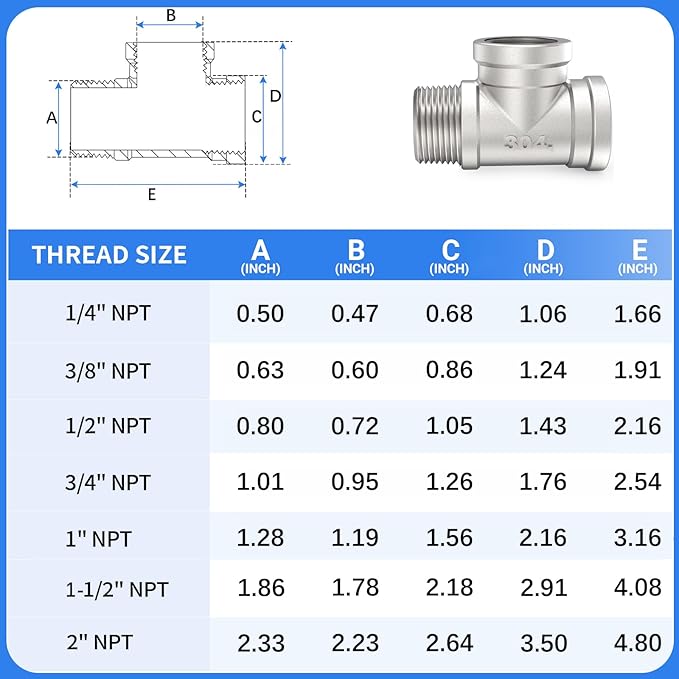 ChillWaves 304 Stainless Steel Pipe Fitting, Male Run Tee 1-1/2" NPT Female x 1-1/2" NPT Female x 1-1/2" NPT Male Thread Adapter(1-PACK)
