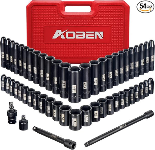 AOBEN 1/4-Inch Drive Impact Socket Set, 54 Pieces, 6 Point, SAE/Metric, (5/32" - 9/16" 竊?mm -15mm)竊똃eep/Shallow, Cr-V Steel, Includes Extension bars and Socket Adapter