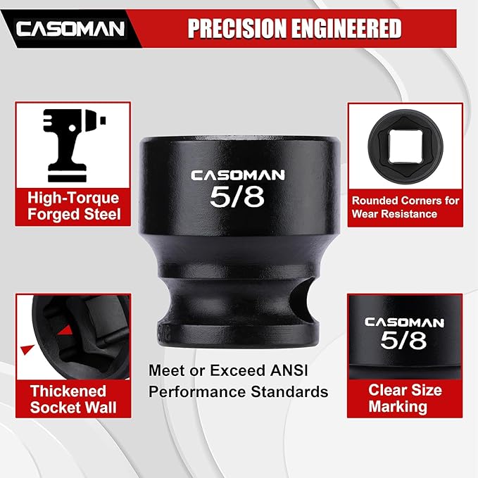 CASOMAN 12PCS 3/8" Drive Stubby Impact Socket Set, Low Profile, 5/16" - 1", SAE, CR-MO, 6-Point, 12 Pieces Shallow Socket Set for Automotive Maintenance, Repairs and DIY, for Tight Areas