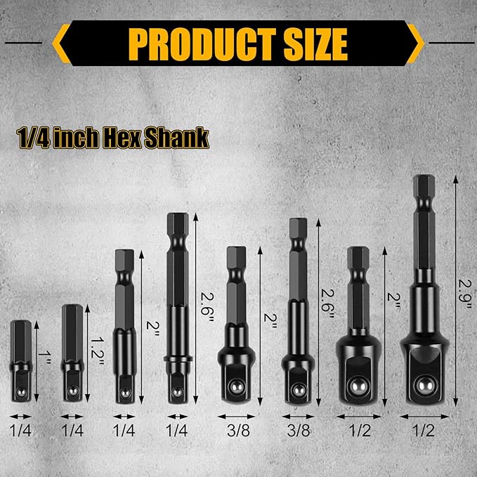 Drill Socket Adapter 8 Piece, Black Impact Sockets Adapter Set Fit for 1/4", 3/8", 1/2" Hex Shank, 5 Different Lengths Socket Drill Adapter, Universal 1/4 Socket Adapter