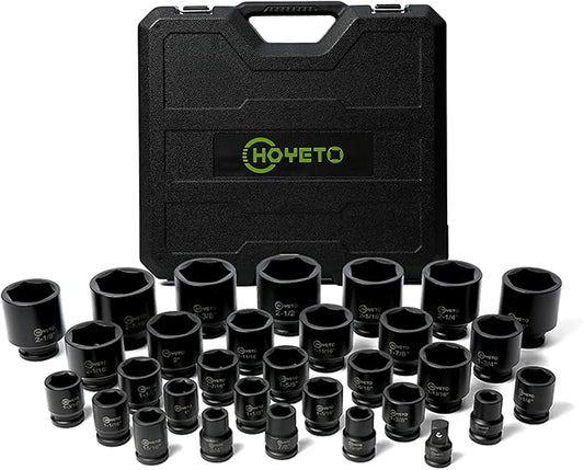3/4" Drive Impact Socket Set, 31 Piece SAE 11/16" to 2-1/2", 6-Point Sockets Cr-Mo Alloy Steel for Auto Repair Rugged Construction, Storage Case