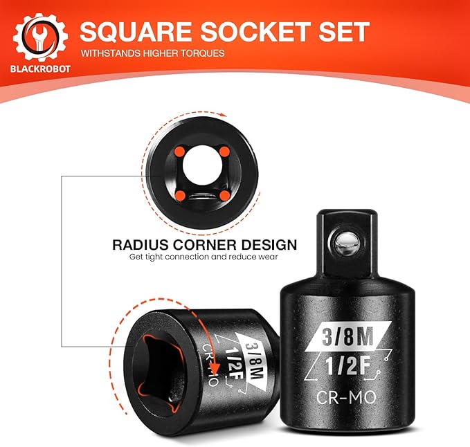 BLACKROBOT 2 Piece 1/2?쒯 To 3/8?쒶 Impact Socket Adapter Set,SAE Drive Cr-Mo Steel Exceeds ANSI Standards,Square Drive Reducer for Impact Driver Wrench