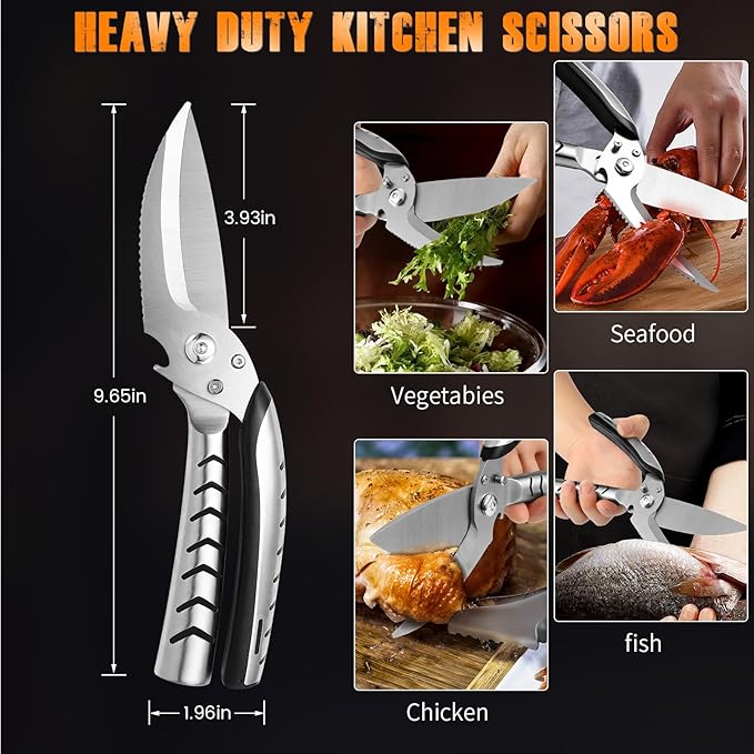 Heavy Duty Poultry Shears竊똊itchen scissors heavy duty with Serrated Edge,Chicken shears,Meat scissors heavy duty 竊똅or Cutting Bone, Turkey, Fish 竊똕eafood竊똃ishwasher Safe竊똲ilver