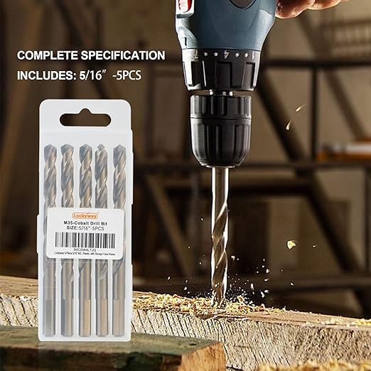 Luckyway 5/16" Cobalt Drill Bit (5 Pcs), Jobber Length Twist Drill Bit Set for Hard Metal, Stainless Steel, Cast Iron, Wood and Plastic, with Storage Case