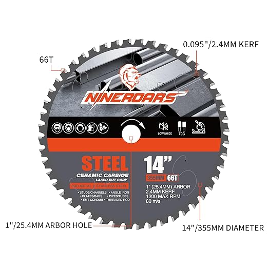 14 Inch Metal Cutting Saw Blade, 66 Tooth Cermet Carbide Steel Cutting Blade, Long Life Metal & Stainless Steel Cutting Chop Saw Blade, Fits Evolution 14" Chop Saws and Other Table Saws