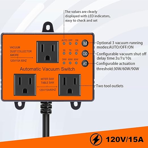 Automatic Vacuum Switch, Autoswitch for Dust Collector Woodworking Shop Miter Saw,120V/15A, Auto/On/Off 3Modes, Adjustable Delay Shutoff
