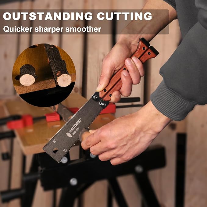 HAUTMEC Folding Japanese Pull Saw, 6-Inch Double-Edged Hand Saw with SK5 Blade (12/17 TPI), Beech Wood Handle & Storage Pouch – Compact Flush Cut Handsaw for Woodworking & Precision Cuts – HT0446