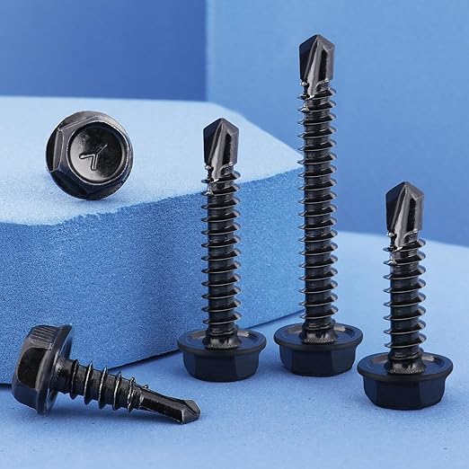 100Pcs #10 x 1-1/4" Self Drilling Screws for Metal,410 Stainless Steel Black Zinc Plated,Self Tapping Sheet Metal Screws,Hex Washer Head