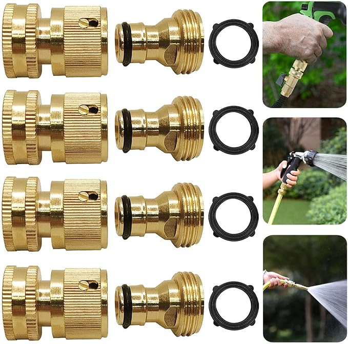4 Sets Garden Hose Quick Connector, 3/4 inch GHT Thread Brass Heavy-Duty No-Leak Rust Resistant Car Wash Hose Splitter Watering Male and Female Fitting Adapter, Water Pipe Quick Connect Fitting