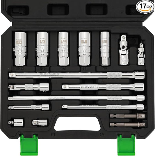 17-Pieces Drive Tool Accessory Set, Spark Plug Socket Set, Includes 1/4" & 3/8??Drive Extension Bar, Socket Adapter, Universal Joints, Spark Plug Sockets, Professional Socket Accessories, Cr-V