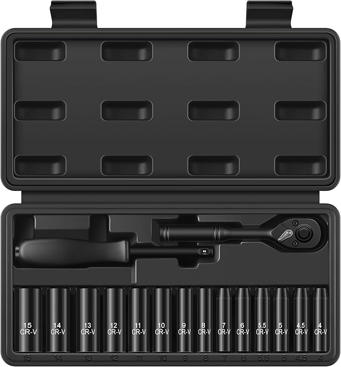 Aloanes 1/4" Drive Socket Set, 16-Piece Metric (4mm-15mm) Deep Sockets, 72-Tooth Ratchet Wrench, Drive Spinner Handle, 6 Point Design, Cr-V Steel