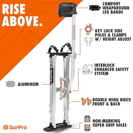 SurPro Stilts, Aluminum Drywall Stilts, 26??to 40??Adjustable Height, Large Footplates, Double Wing Bolts, Auto Lock, Single Side, Painting, Pruning, Taping, & Costume Stilts, Sancos Drywall S1-A-2640