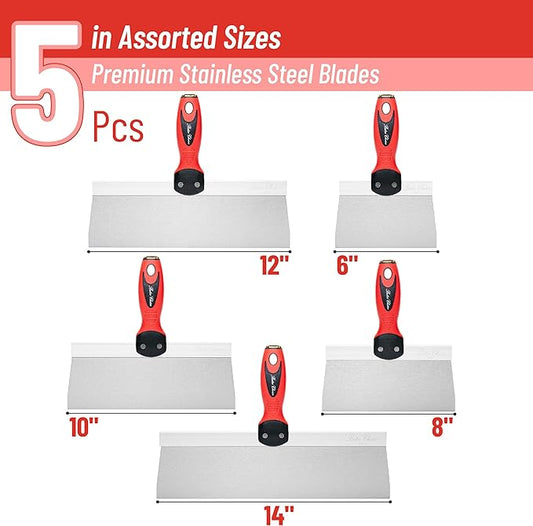 Bates Stainless Steel Putty Knife Set - 5 Pack, 14", 12", 10", 8", 6" Drywall Knives, Scraper Tool
