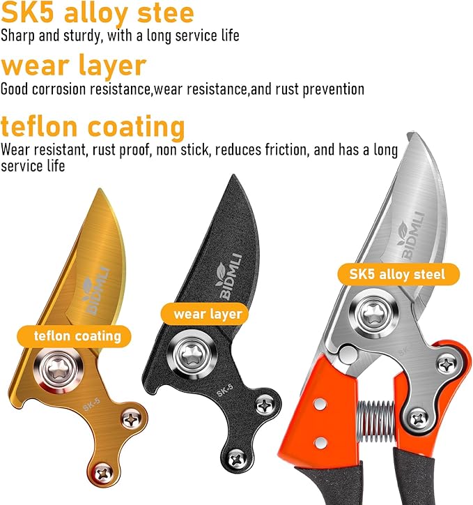 Heavy Duty Pruning Shears竊똆arden Scissors & Clippers with Red-BIDMLI 8.66" SK5 Steel Blades & Aluminum Alloy Handles, Tree Branch Cutter, Ideal for Thick Branches, Dry Twigs, Flower Pruning Tool.