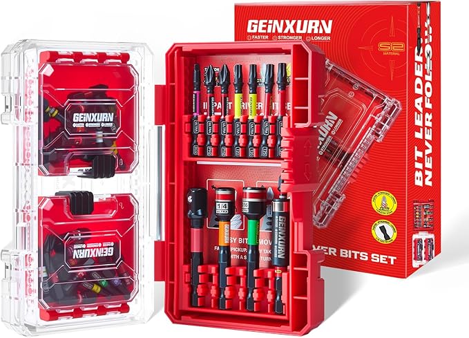 52Pcs Impact Screwdriver Bits Set, Magnetic S2 Steel 1??2??Phillips/Square/Torx/Slotted/Hex Bits Tips,Impact Bit Holder and Nut Driver and Socket Adapter Set with Red Storage Box Case