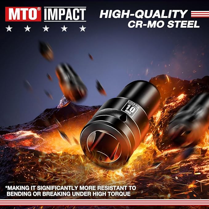 MTO 1/2" Drive 10mm Shallow Impact Socket, 6-Point Metric Socket, CR-MO Steel & Anti-Corrosion Coating for Tight Spaces and Heavy-Duty Tasks