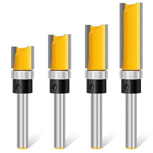 Straight Router Bits Feanron Router Guide Tool ,4 Pcs 1/4 Shank Wood Cutter Woodworking Tools Top Bearing Flush Trim Router Bits Set for Woodworking,Home DIY and Lettering (Yellow)