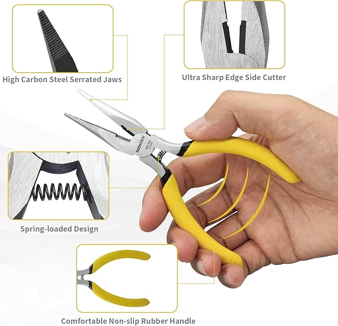 BOOSDEN 5" Needle Nose Pliers-10 Pack, Long Nose Pliers Set with Side Cutter, Mini Fine Needle Nose Pliers with Serrated Jaws, Precision Small Needle Nose Pliers for Jewelry Making/Electronics/Craft