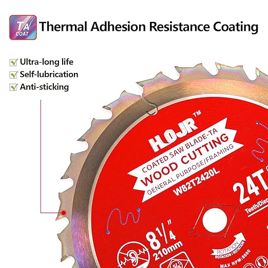 Circular Saw Blade Woodworking TA Series 8-1/4" 24-Tooth Arbor: 5/8",Finishing/General Purpose Wood Cutting,Special Anti-Thermal Adhesion Coating on Cutting Head -TA, 8-1/4" 24T TA