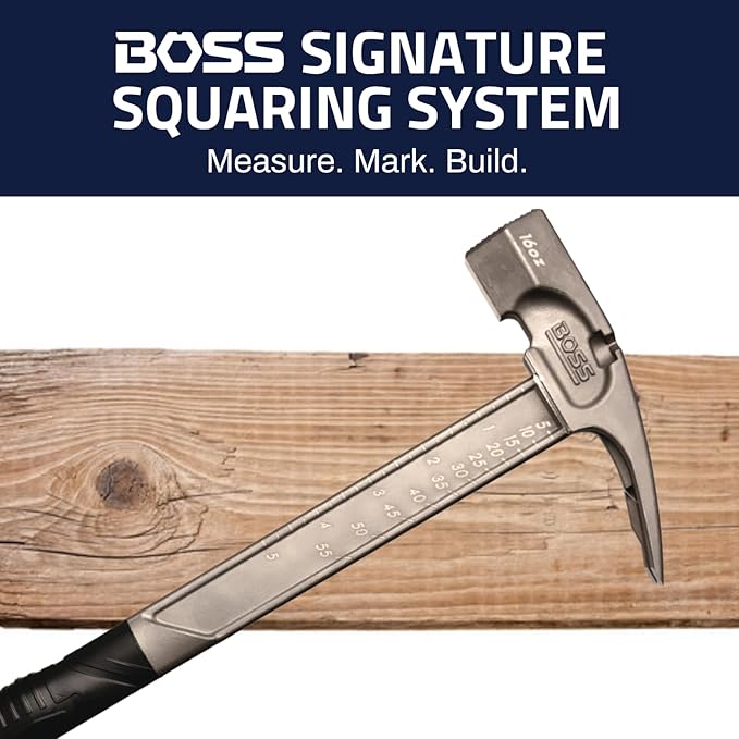 Boss Hammer 16 oz. Pro Series Titanium Hammer with Over-Molded No-Slip Rubber Grip - Construction Grade, Dual Side Nail Pullers, Milled Face - Made in the USA - BH16TIM