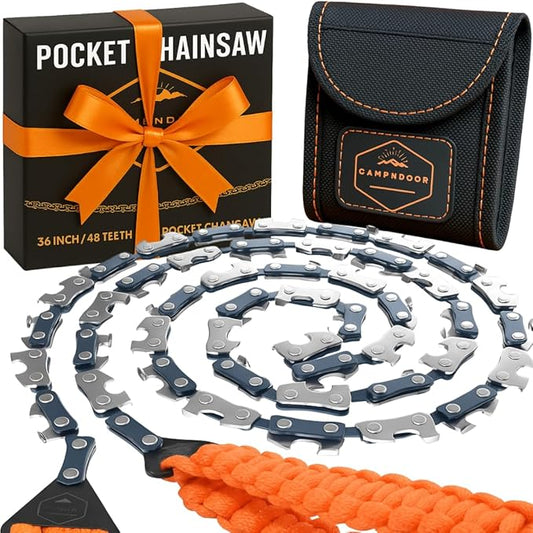 Pocket Chainsaw with Paracord Handles - Orange 65Mn Heavy Duty Steel Pocket Saw - 48 Teeth Survival Saw with Sturdy Handles and Bag - Handy Camping Gear - CAMPNDOOR Bushcraft Survival Gear