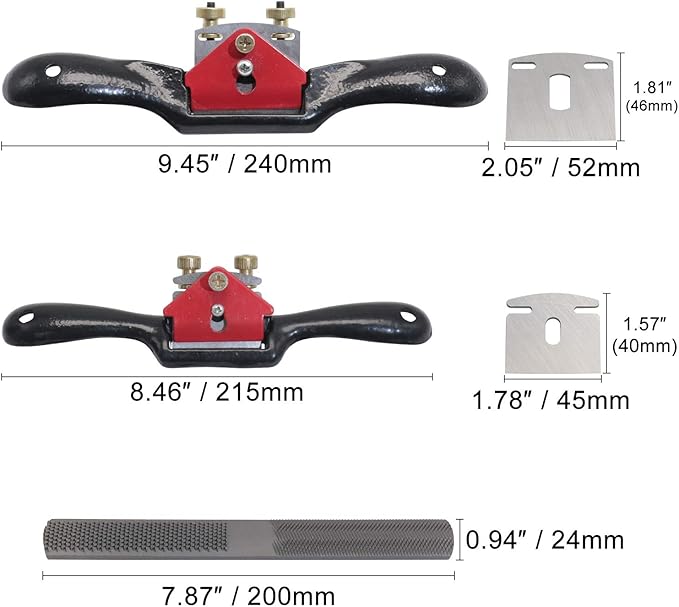 KOOTANS 2pcs 9" 10" Adjustable Spokeshave with Flat Base, 4pcs Replacement Blades and 4-Way Rasp File, Spokeshave Woodworking Tool, Perfect for Wood Craft, Planing Trimming, Deburring Tools