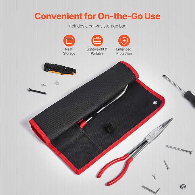 VEVOR 5-Piece Needle Nose Pliers, 11 in Long Needle Nose Pliers Set, Diagonal Cutting Pliers, 45째/ 90째 Bent Nose Plier, Round Nose Plier, Long Nose Plier, Professional Pliers Set with Storage Bag