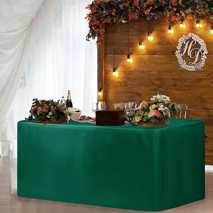 HolidayIdeas 2 Pack Fitted Table Clothes - 48 x 24 Inch - Green Rectangle Tablecloths for 4 Foot Folding Tables, Polyester Fabric Table Covers for Christmas, Craft Show, Trade Show, Business Party