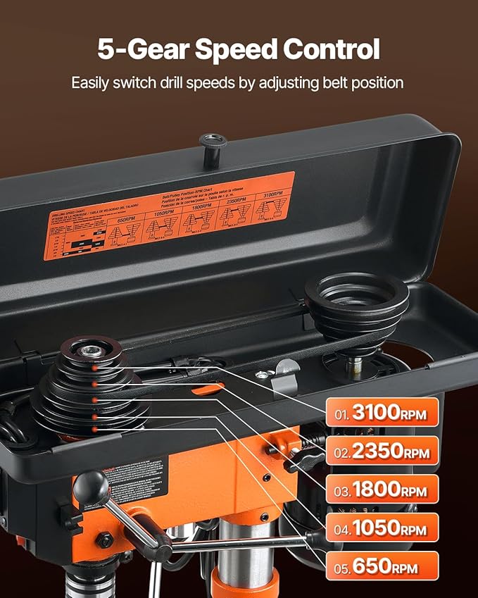 VEVOR Benchtop Drill Press, 3.2 Amp and 5-Speed Adjustable Drill Press with 10 in Swing, Cast Iron Frame, Worktable Tilts 0-45째, Ideal for Drilling Wood & Metal