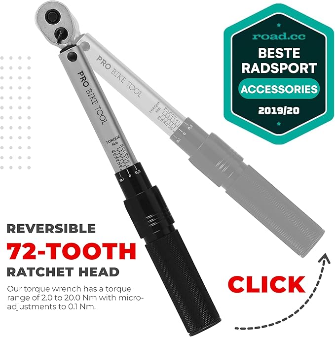 PRO BIKE TOOL 1/4 Inch Drive Click Bicycle Torque Wrench Set ??2 to 20 Nm ??Maintenance Kit for Road and Mountain Bikes - Includes Allen and Torx Screws, Extension Bar and Storage Box - ISO Certified