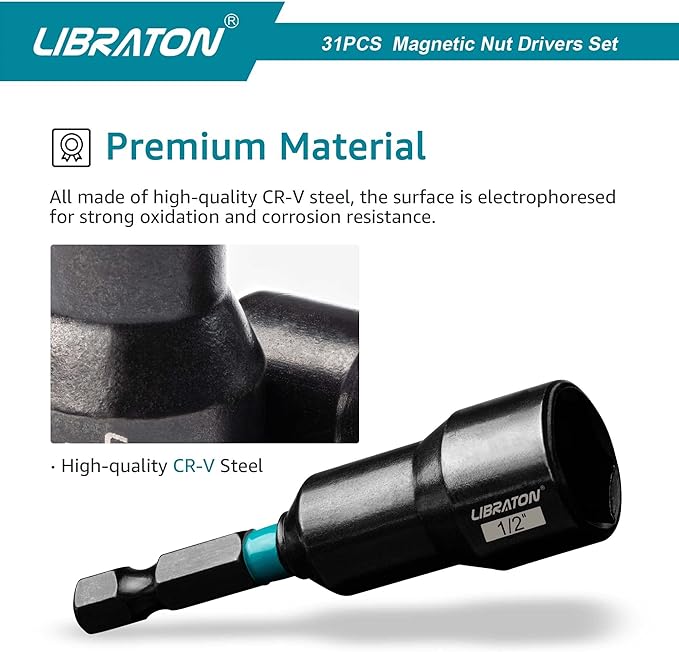 Libraton 31PCS Magnetic Nut Driver Set, Impact Drill Driver Bit Set 1/4", Metric and SAE Nut Driver, Screwdriver Bits, Impact Socket Adapters, Bit Holder, Quick-release Extensions with Storage Bag