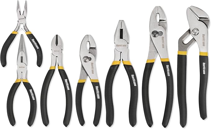 HURRICANE 7 Pieces Pliers Set, 8 inch Groove Joint Pliers, 8 inch Slip Joint, 7?섃?Linesman, 6?섃?Slip Joint, 6?섃?Diagonal, 6?섃?Long Nose, Mini Long Nose, for DIY & Home Use