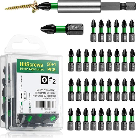 50 Pcs Phillips Bits #2 Impact 1" + Magnetic Bit Holder, S2 Steel Magnetic Screwdriver Bits for Impact Drivers, Home Repair & DIY Use