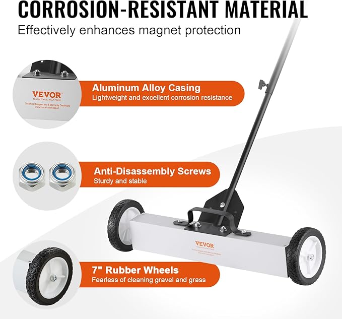 VEVOR 50Lbs Rolling Magnetic Sweeper with Wheels, 24-inch Large Magnet Pickup Lawn Sweeper with Telescoping Handle, Push-Type Magnetic Pick Up Sweeper, Easy Cleanup of Workshop Yard Garage