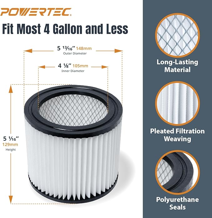 POWERTEC 90398 Cartridge Filters 2PK for Shop Vac, 9039800, 9039833 Type AA Replacement Filters, Fits Shop-Vac Most 4 Gallon and Less Wet/Dry Vacuum Cleaners (75083-P2)