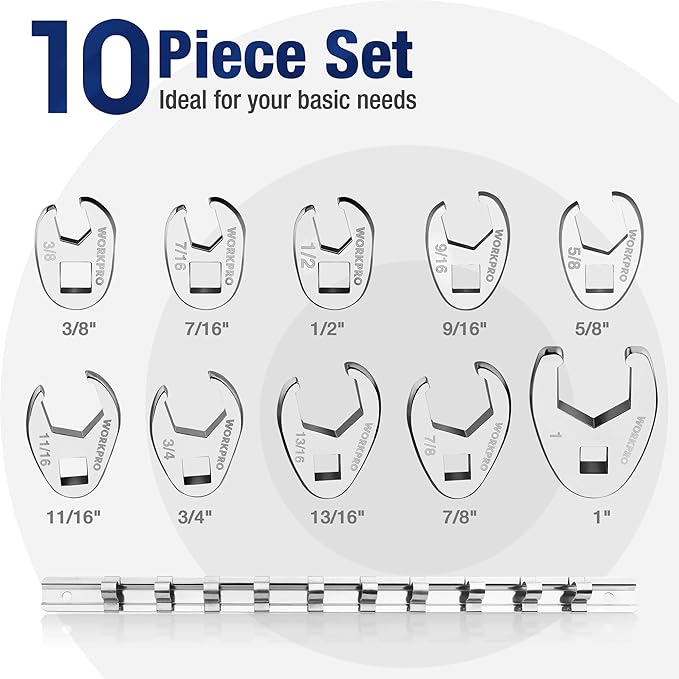 WORKPRO 3/8" Drive Flare Nut Wrench Set, 10-piece Crowfoot Flare Nut Tool Kit, SAE 3/8-1in, Steel Wrench With Storage Rail for Nut Removal