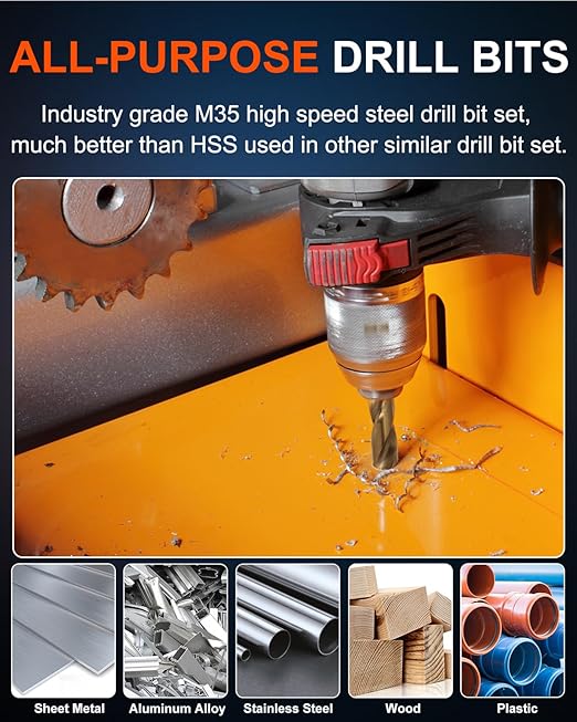 COMOWARE Cobalt Drill Bit Set- 115Pcs M35 High Speed Steel Twist Jobber Length for Hardened Metal, Stainless Steel, Cast Iron and Wood Plastic with Metal Indexed Storage Case, 1/16" - 1/2"