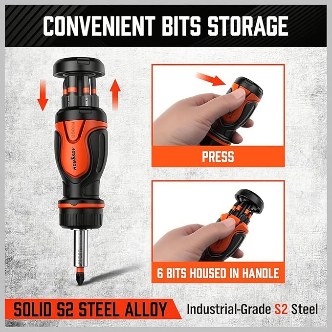 HORUSDY Magnetic Portable Screwdriver Bit Set: 8-in-1 Ratcheting Screw Driver Includes 1/4?쒫it Driver Holder, 7 Screwdriver Bits with Phillips, Slotted, Square, Hex, for Garage & Daily Repair