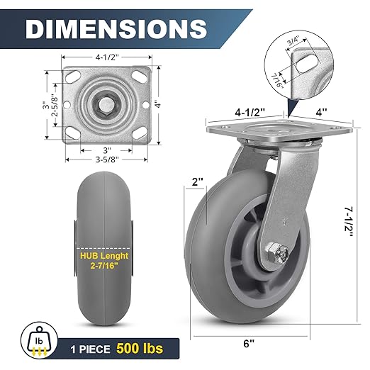 6" x 2" Heavy Duty Casters - 2000 LB Capacity- Thermoplastic Rubber Wheels(Crown Tread)- Caster Wheels for Furniture Platform Trucks Workbench (4 Pack Swivel)