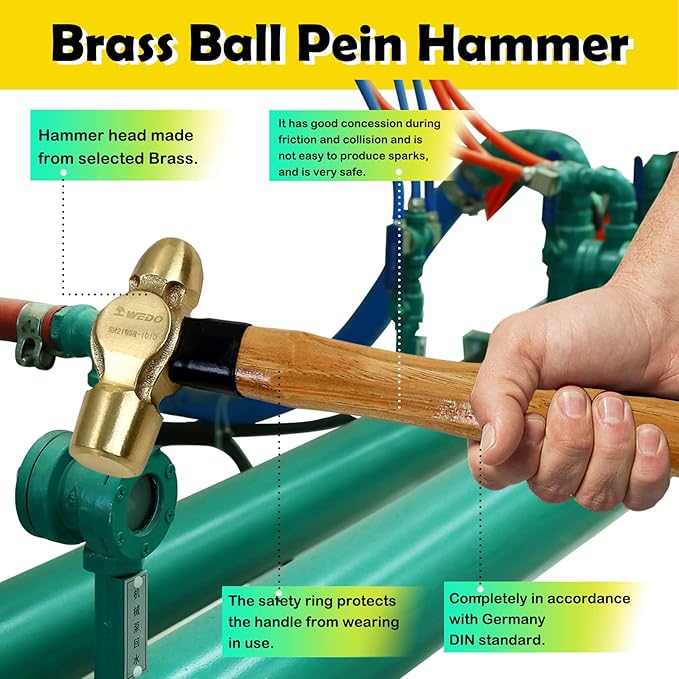 WEDO 2PCS Brass Ball Peen Hammer Set, 16 oz+16 oz(1lb+1lb), Brass Ball Pein Hammer Set with Wooden Handle, Die-Forged, Corrosion Resistant, DIN Standard