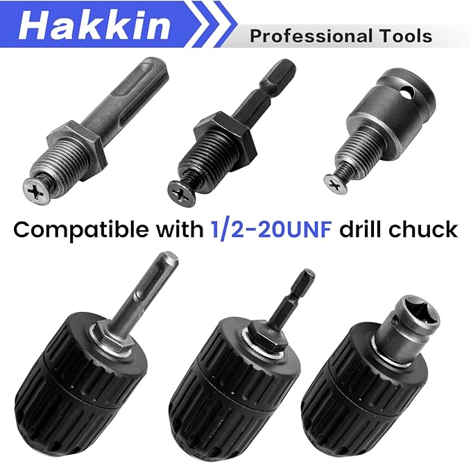Hakkin 2-13mm Keyless Drill Chuck Adapter, 1/2-20Unf Drill Chuck with SDS-PLUS Shank Bit, 1/4" Hex Shank Lock Key, 1/2” Socket Square Female Adapter for Impact Driver, Electric Drill, Hammer Drill