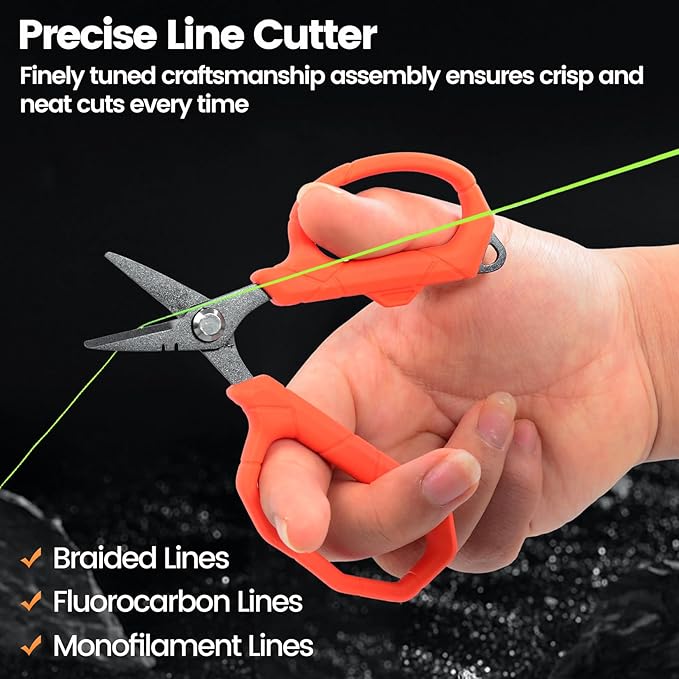 Pristis Fishing Scissors with Lanyard, Stainless Steel Blades Line Cutter with Non-slip Grip, Saltwater Durable Micro Serrated Edge Multi Tool, Small Mini Gear Kit for Braided Mono Fluorocarbon Line