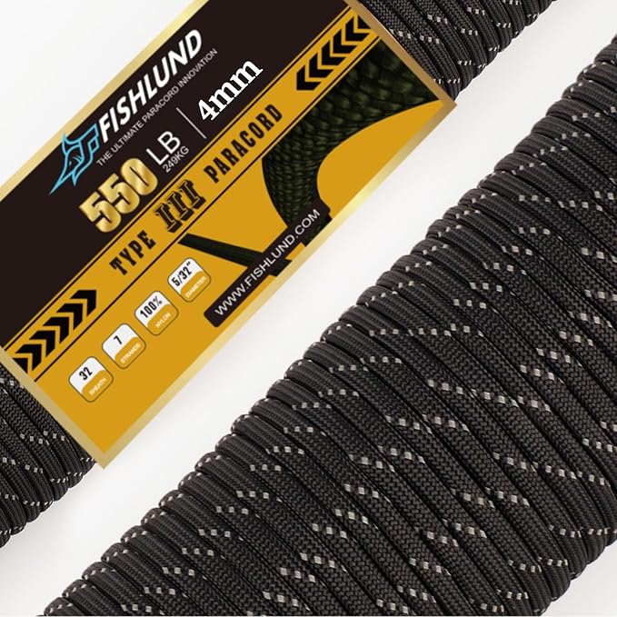 Reflective Paracord 550 lb, 7 Strand Paracord Rope 50ft 4mm, Nylon Parachute Cord for Camping, Black